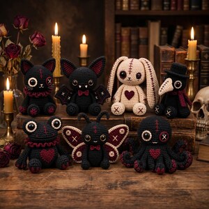 Gothic Voodoo Amigurumi Bundle Crochet Pattern PDF | Cat Bat Bunny Frog Moth Octopus Plague Doctor | Halloween Goth Plush Collection image 11