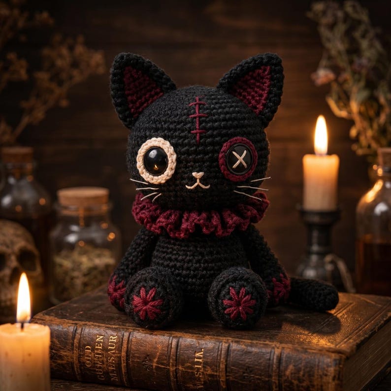 May include: A black crocheted cat doll with a dark red ruffled collar, one large glossy eye, and one button eye with an X-stitch. The cat features a stitched forehead detail, dark red accents on the ears and paws, and white embroidered whiskers.