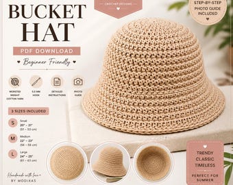 May include: A beige crochet bucket hat pattern with the text "BUCKET HAT" and "PDF DOWNLOAD". The pattern includes three sizes: Small (51-53 cm), Medium (56-58 cm), and Large (61-63 cm). The pattern is beginner friendly.