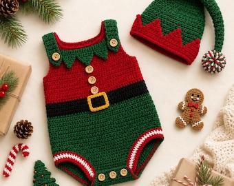 Crochet Elf Baby Romper Pattern PDF, Christmas Baby Outfit Crochet Pattern, Newborn Elf Romper, Baby Christmas Photo Prop, Holiday Crochet