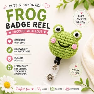 Puede incluir: Un carrete de insignia de rana de ganchillo verde hecho a mano. La rana tiene mejillas rosas, ojos negros y una boca sonriente. El carrete de la insignia mide aproximadamente 4-5 cm y es ligero y duradero. El texto dice "Cute & Handmade" y "Crochet with Love".