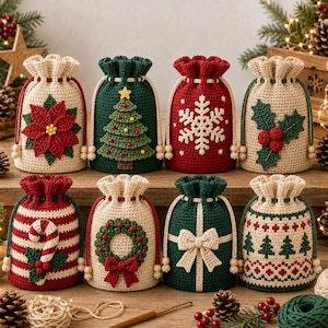 May include: Eight small, crocheted drawstring bags featuring festive holiday designs including a poinsettia, Christmas tree, snowflake, holly, candy cane, wreath, gift bow, and pine trees, all crafted with cream, red, and dark green yarn.