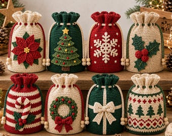 Christmas Crochet Gift Bag Pattern Bundle | 8 Festive Drawstring Treat Bags PDF | Holiday Candy Bag Amigurumi | Christmas Decor