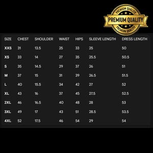 May include: A black graphic with a gold seal that reads "Premium Quality." The image displays a size chart for a dress, including chest, shoulder, waist, hips, sleeve length, and dress length measurements in inches.