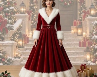 Luxury Burgundy Velvet Mrs Santa Claus Long Frock, Elegant Christmas Dress with White Fur