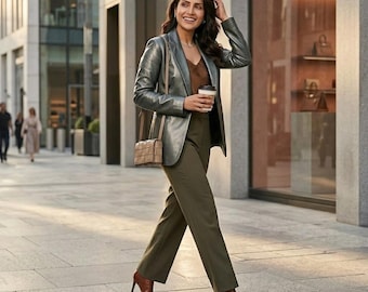 Women’s Mustard Silver Slim Fit Party Coat Casual Outwear Soft Leather Blazer