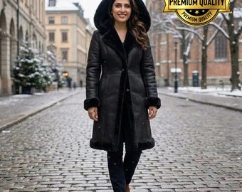 Women's Long Black Shearling Coat | Hooded Leather Trench Coat | Winter Fur Lined Jacket