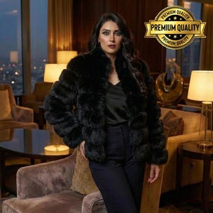 May include: A black fur jacket with a layered design. The jacket has a wide collar and is worn over a black top and pants. A gold seal with the words "Premium Quality" is in the upper right corner.