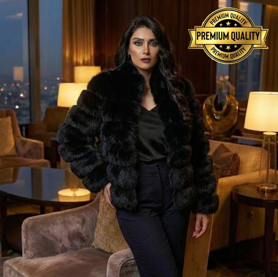 Bespoke Black Fox Fur Jacket, Luxury Winter Coat