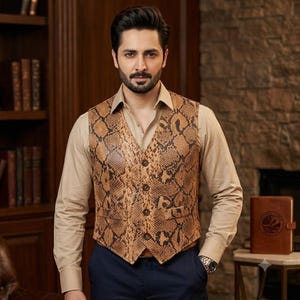 Handmade Men’s Snakeskin Print Waistcoat | Faux Python Leather Vest for Men