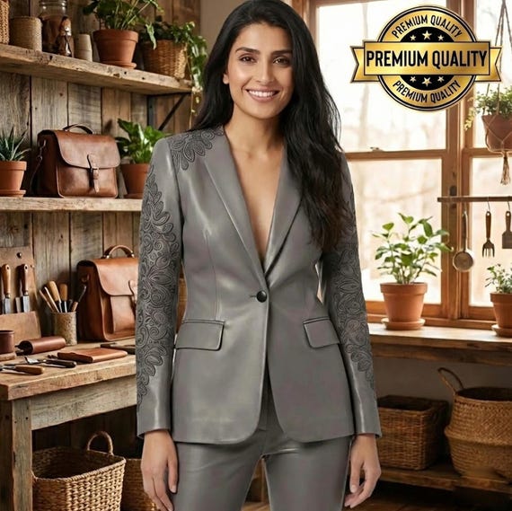 Embroidered Lambskin Leather Blazer, Gray Tailored Office Coat