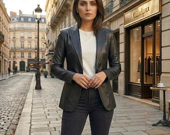 Black Leather Blazer | Mustard Tailored Genuine Leather Jacket for Women