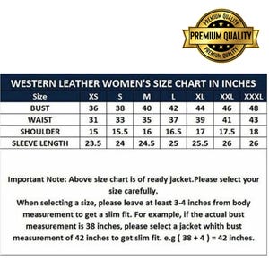 Pode incluir: Tabela de tamanhos para jaquetas de couro Western, com medidas em polegadas para busto, cintura, ombros e comprimento da manga. A tabela inclui tamanhos XS a XXXL. Um selo dourado "Premium Quality" est&aacute; no canto superior direito.
