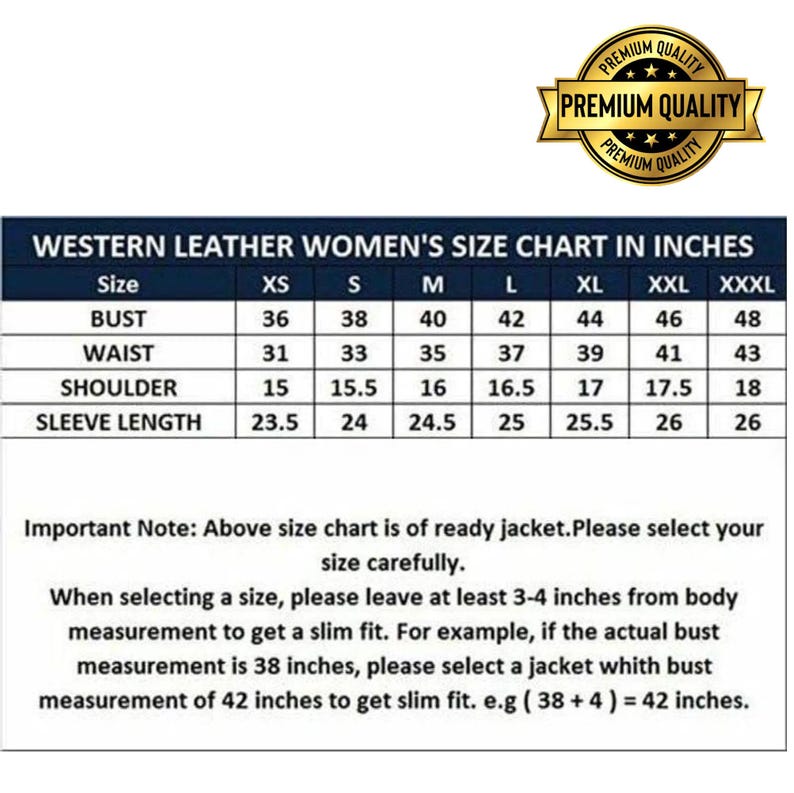 Pode incluir: Tabela de tamanhos para jaquetas de couro Western, com medidas em polegadas para busto, cintura, ombros e comprimento da manga. A tabela inclui tamanhos XS a XXXL. Um selo dourado "Premium Quality" est&aacute; no canto superior direito.