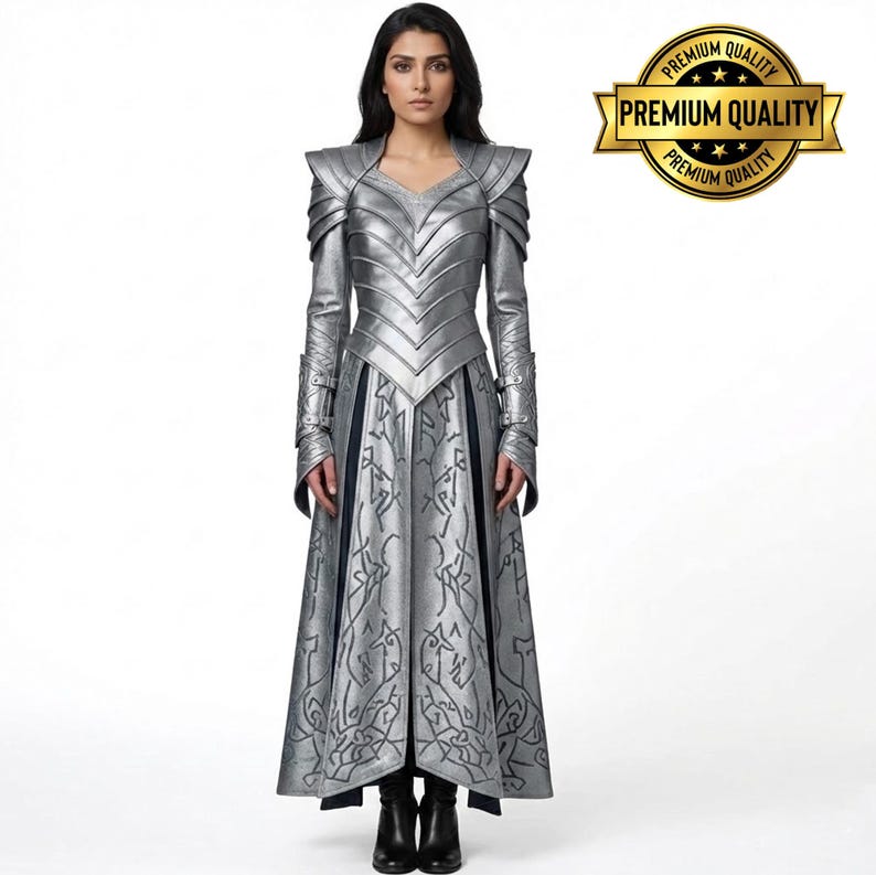 May include: A silver-colored, long-sleeved dress with intricate detailing and a V-neckline. The dress features a structured bodice and a flowing skirt with a patterned design. The image includes a "Premium Quality" gold seal.
