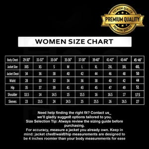 May include: A black and gold Women Size Chart with measurements in inches for body chest, jacket size, jacket chest, waist, hip, shoulder, and sleeves. Includes text: "Premium Quality".