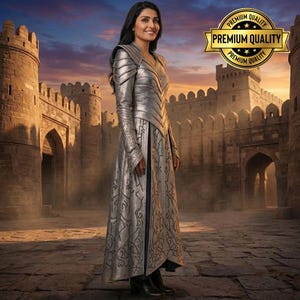 May include: A silver-colored, long-sleeved garment with intricate embossed designs. The garment features shoulder armor and a flowing skirt, worn by a person standing in front of a stone castle. A gold seal with the words "Premium Quality" is visible.