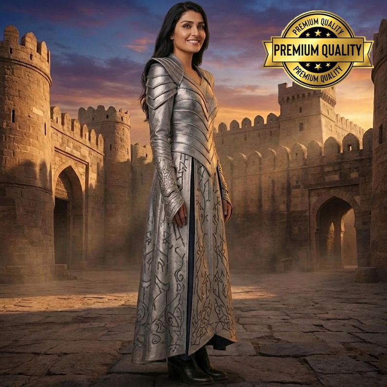 May include: A silver-colored, long-sleeved garment with intricate embossed designs. The garment features shoulder armor and a flowing skirt, worn by a person standing in front of a stone castle. A gold seal with the words "Premium Quality" is visible.