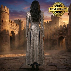 May include: A silver-colored, long-sleeved gown with intricate embossed patterns and shoulder armor. The gown is worn in front of a stone castle with a sunset sky. A gold seal with the words "Premium Quality" is in the upper right corner.