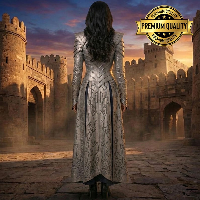 May include: A silver-colored, long-sleeved gown with intricate embossed patterns and shoulder armor. The gown is worn in front of a stone castle with a sunset sky. A gold seal with the words "Premium Quality" is in the upper right corner.