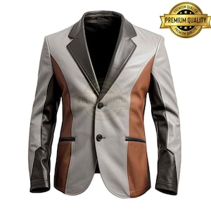 Men's Color Block Leather Blazer, Grey Brown Black Patchwork Jacket