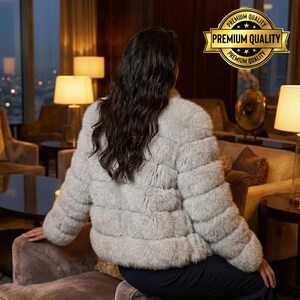 May include: A light gray fur jacket with horizontal paneling. The jacket has a round collar and long sleeves. The image also includes a gold-colored emblem that reads "Premium Quality". The jacket is worn by a person sitting on a brown sofa.