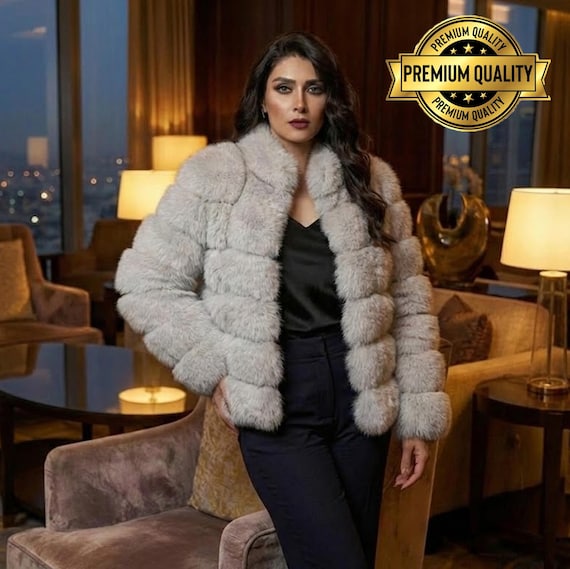 Beige Fox Fur Jacket, Women's Winter Outerwear, Luxury Christmas Gift