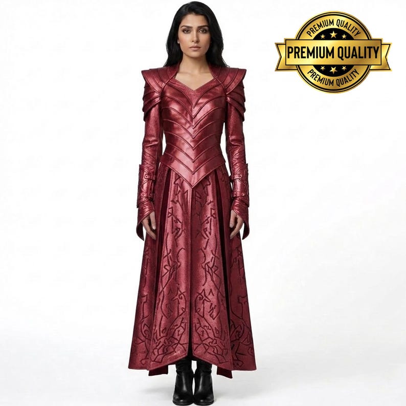 May include: A long, red dress with a V-neck and intricate detailing. The dress features long sleeves and a flared skirt. The shoulders have a structured design, and the dress is paired with black boots. A gold "Premium Quality" seal is in the upper right corner.