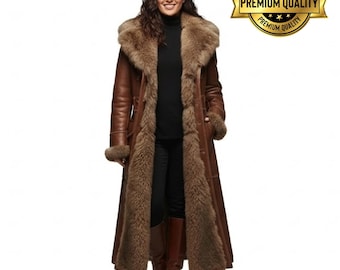 Luxury Handmade Shearling Leather Coat – Long Brown Sheepskin Fur Trim