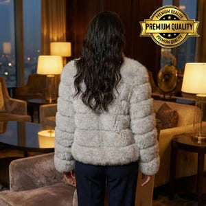 May include: A light gray faux fur jacket with horizontal paneling. The jacket is worn over dark blue pants. The image includes a gold seal that says "Premium Quality". The background features a dimly lit room with lamps and furniture.