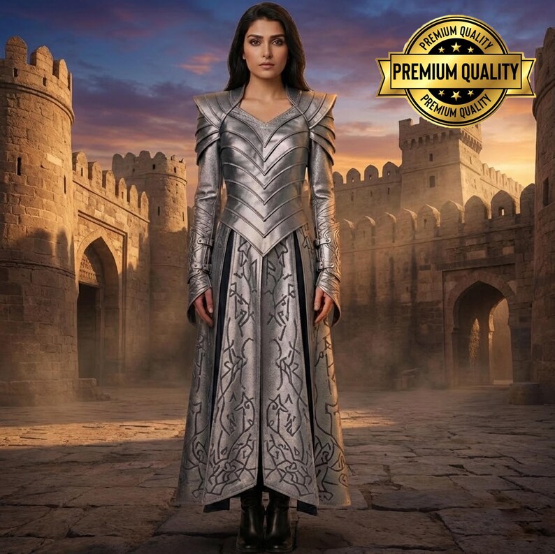 May include: A silver-colored, long-sleeved gown with intricate detailing and a structured bodice. The dress features a V-neckline and is worn by a person standing in front of a stone castle. A gold seal with the words "Premium Quality" is in the upper right corner.