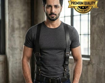 Handmade Dark Brown + Black  Leather Suspenders and Belt: 2 Inch Wide Work Suspenders