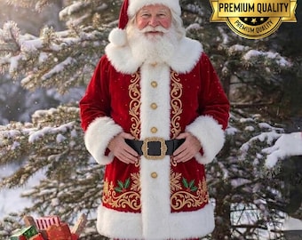 May include: A Santa Claus figure wearing a deep red velvet coat and matching trousers with thick white faux fur trim. The coat features gold embroidered scrollwork and holly accents, a black belt with a gold buckle, and a matching red hat.