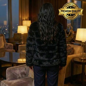 May include: A person wearing a black faux fur jacket with horizontal ribbing. The jacket is paired with dark blue pants. A gold seal with the words "Premium Quality" is in the upper right corner.