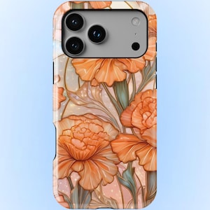 Orange pioner målat glas telefonskal nejlikor blommor aprikos fodral för iPhone 17 16 15 14 13 12 Samsung S26 S25 S24 Pixel 10 9 8