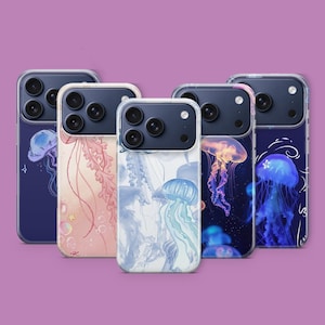 May include: Five phone cases with colorful jellyfish designs. The cases feature various watercolor illustrations of jellyfish in shades of blue, pink, and orange against a dark blue or white background. The cases are clear with a dark blue camera housing.