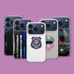 May include: A collection of five phone cases with various designs. One case features a police badge, another an American flag with a blue stripe, and others with police-themed graphics. The cases are clear with black phone components.