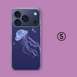 May include: A clear phone case featuring a watercolor illustration of a jellyfish with a blue and purple color scheme. The jellyfish is set against a dark blue background with small white star accents.