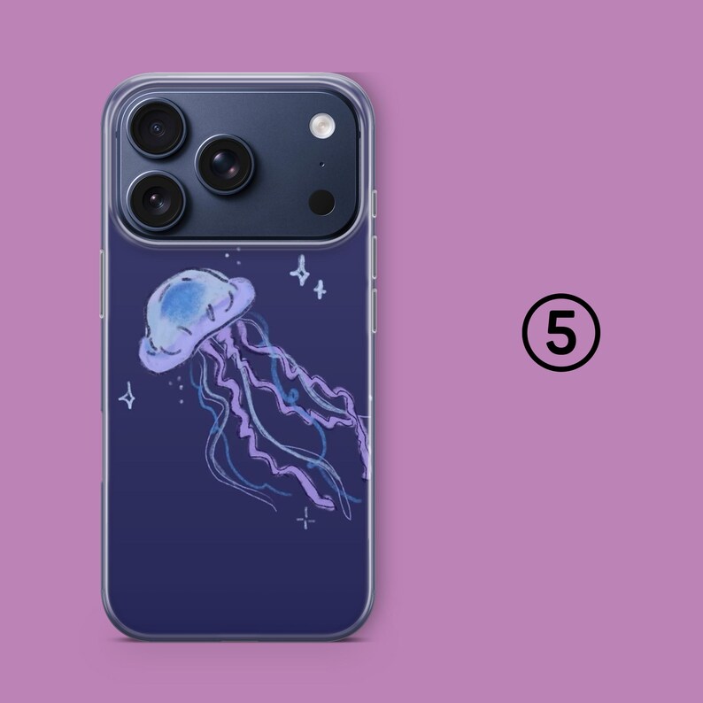 May include: A clear phone case featuring a watercolor illustration of a jellyfish with a blue and purple color scheme. The jellyfish is set against a dark blue background with small white star accents.