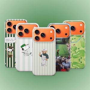 May include: A collection of phone cases with orange camera frames. Designs include Snoopy golfing, a golf course illustration, a golf-themed bear, and a green golf course map. The cases have a vertical stripe pattern in green and white.