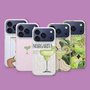 May include: A collection of phone cases with margarita-themed designs. The cases feature various patterns, including stripes, illustrations of cocktails, and the word "Margarita" with a recipe. The color palette includes white, green, and pink.