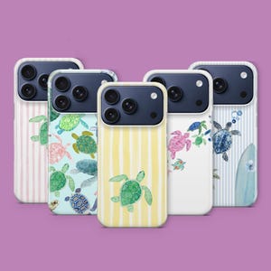 May include: A collection of five phone cases with various watercolor turtle designs. The cases feature a range of colors, including pink, green, blue, and yellow, with striped and patterned backgrounds. Each case has a black camera module.