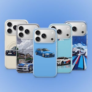 May include: A selection of phone cases showcasing car-themed artwork. The cases display diverse car designs in shades like blue, white, and black. The cases have a glossy finish and are set against a light blue backdrop.