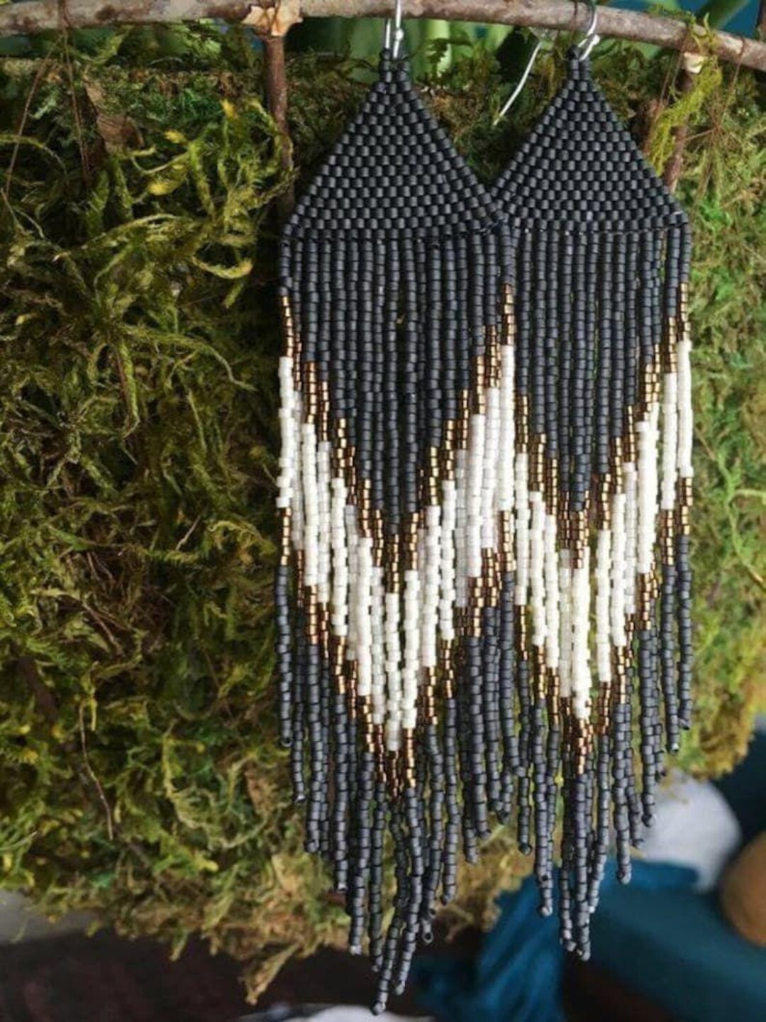 Handmade Black White Seed Bead Fringe Earrings, Tribal Boho Jewelry - Etsy