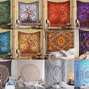 May include: A collection of decorative tapestries with various designs. The tapestries feature tree of life and mandala patterns in a range of colors, including green, blue, orange, and purple. They are suitable for wall decor.