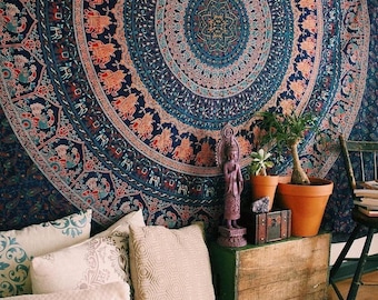 Gobelin ścienny z mandalą słonia w stylu boho, indyjski, do powieszenia na ścianie, hipisowski, do medytacji i jogi, 85 x 55 cali