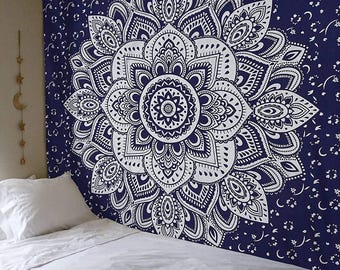 Mandala Tapestry wallhanging with lotus flower, oriental design from India, Navy Blue Mandala Tapestry, Dorm Room Tapestry