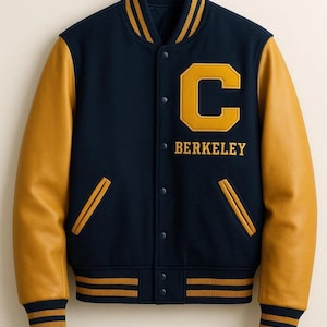 Könnte beinhalten: Marineblaue und goldfarbene Collegejacke mit einem großen goldenen Buchstaben "C" und dem Wort "BERKELEY" auf der Brust. Die Ärmel sind goldfarben, und die Jacke hat einen gestreiften Kragen, Bündchen und Bund.