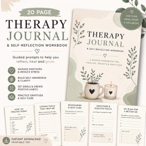 May include: A 20-page therapy journal and self-reflection workbook featuring a soft beige and sage green cover with illustrations of a mug and candle. The interior pages include guided prompts for emotions, coping tools, boundaries, and gratitude.