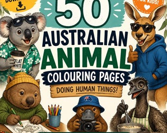 Australian Animal Colouring Pages for Kids, 50 Funny Aussie Wildlife Printables, Koala Kangaroo Activity Book, Instant Download PDF